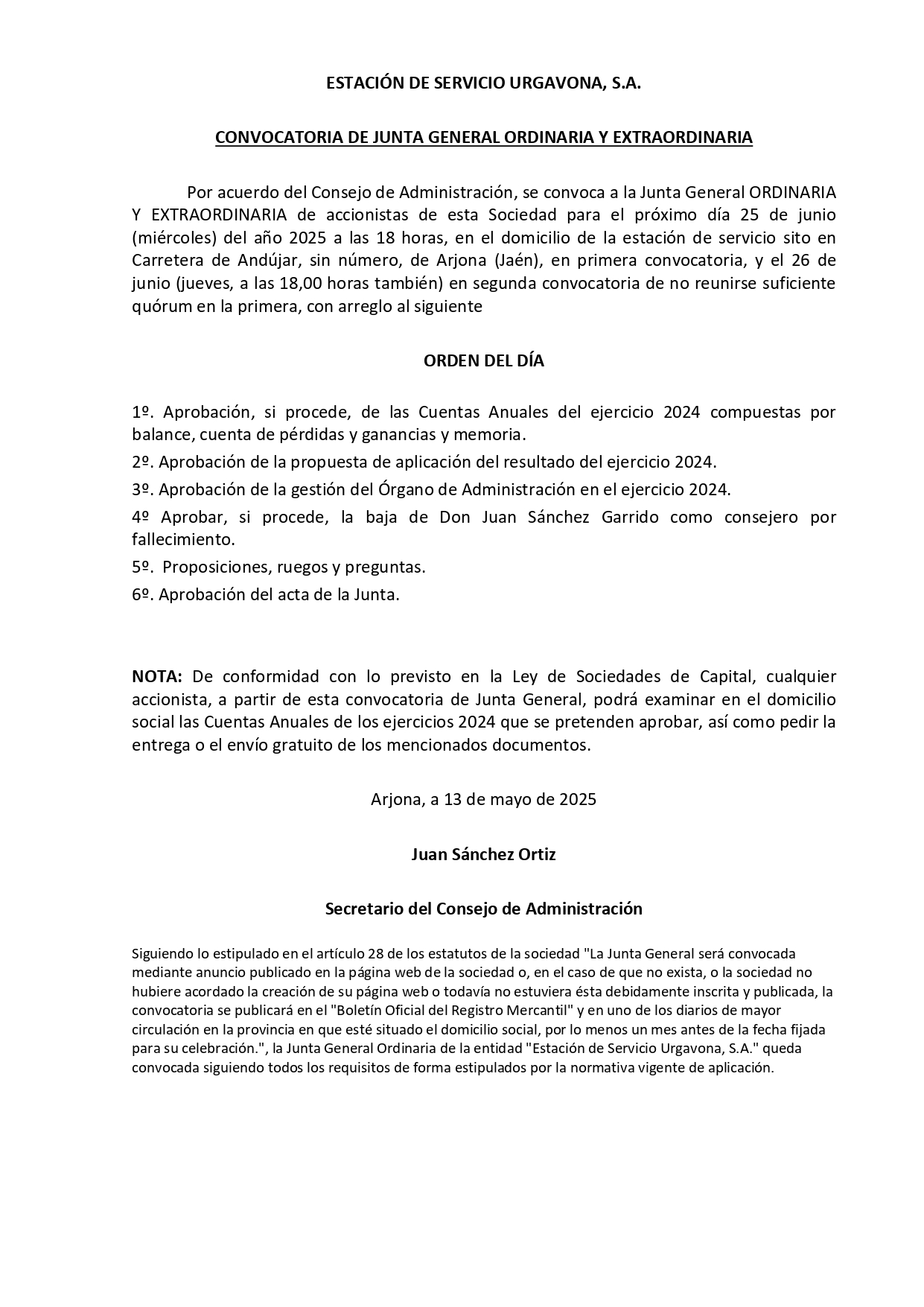 Convocatoria Junta General Ordinaria y Extraordinaria el próximo 25 de junio a las 18:00 horas 0