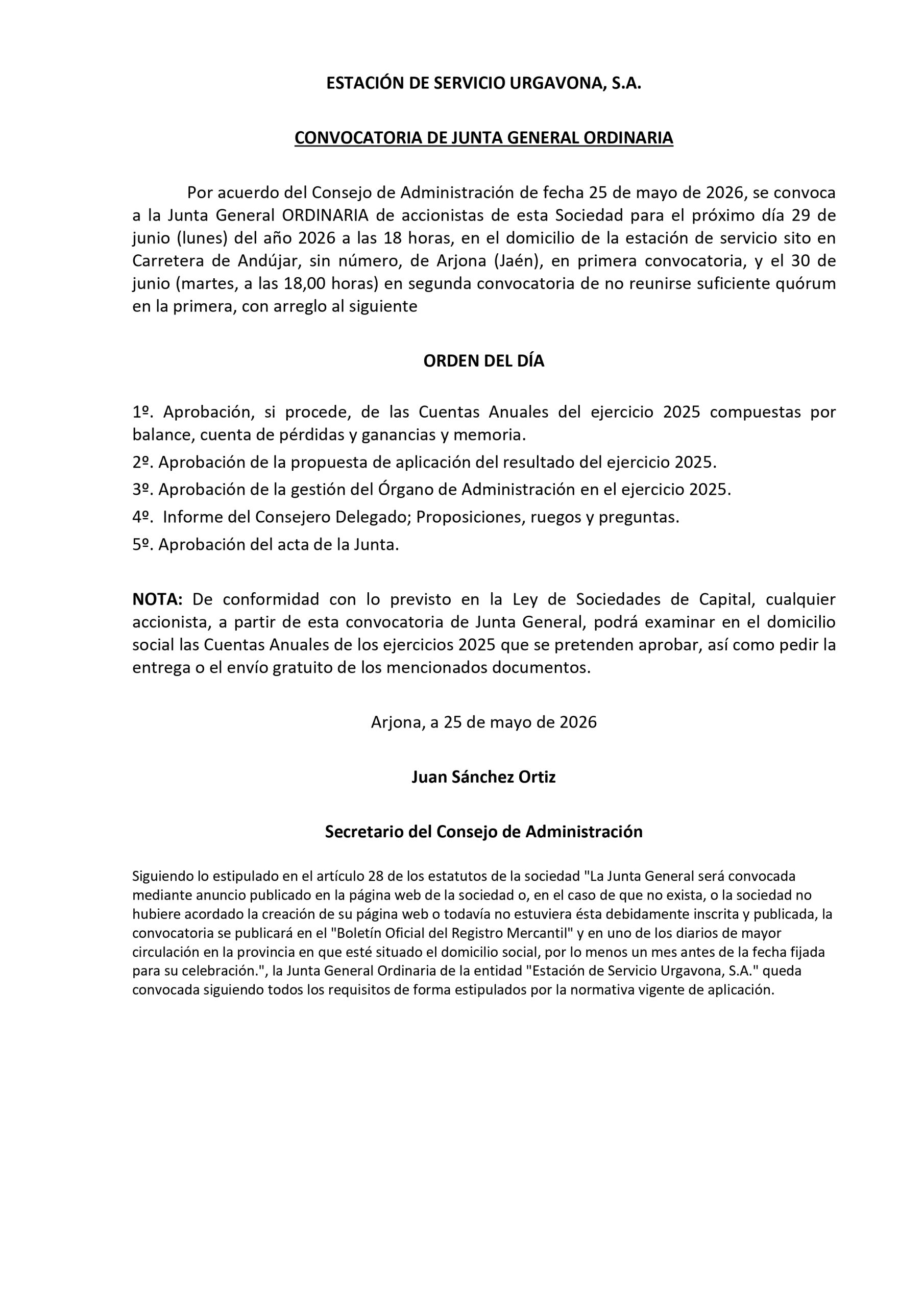 Convocatoria Junta General Ordinaria el próximo 29 de junio a las 18:00 horas 0